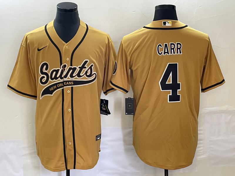 Men's New Orleans Saints #4 Derek Carr Gold With Patch Cool Base Stitched Baseball Jersey Men's New Orleans Saints #4 Derek Carr Gold With Patch Cool Base Stitched Baseball Jersey